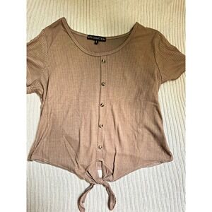 Elite Collection Brown Ribbed Knit Short Sleeve Round Neck Button Tie Hem Top L